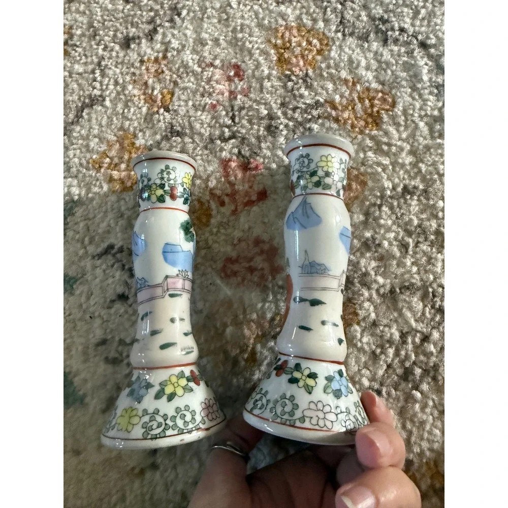 Vintage Chinese Porcelain Candlestick Pair Hand Painted Floral Landscape 5.25